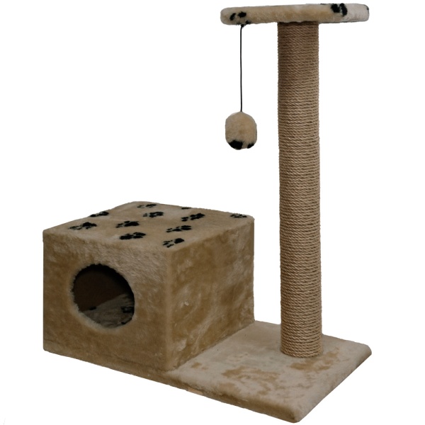 Когтеточка домик с полкой на основании квадратная мех джут коричневый с игрушкой 37*68*80см/DONBARON
